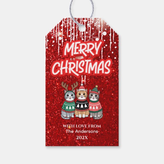 Frohe Weihnachten Moderne rote Niedliche Katzen Geschenkanhänger (Vorderseite)