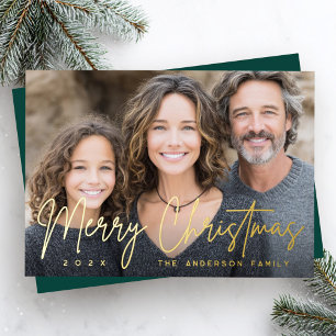 Frohe Weihnachten moderne Schrift tiefgrüne Foto Folien Feiertagskarte