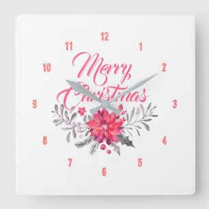 Frohe Weihnachten Moderne Typografie Blume Bouquet Quadratische Wanduhr