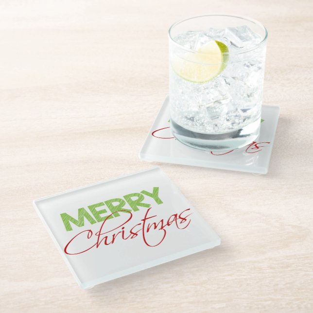 Frohe Weihnachten | Moderne Typografie Glasuntersetzer (Schrägansicht)