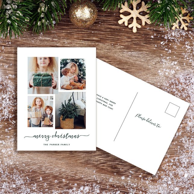 Frohe Weihnachten | Moderne vier FotoCollage (A simple and stylish holiday postcard with a four photo collage and trendy script)