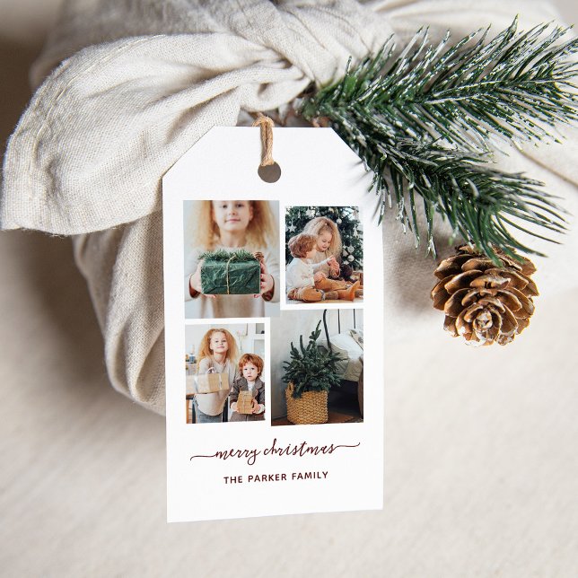 Frohe Weihnachten | Moderne vier FotoCollage Geschenkanhänger (A modern four-photo grid gift tag that says "Merry Christmas")