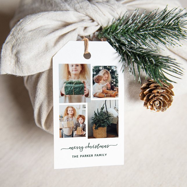 Frohe Weihnachten | Moderne vier FotoCollage Geschenkanhänger (These holiday gift tags feature a trendy and modern four photo collage with dark green script)