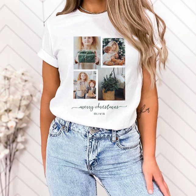 Frohe Weihnachten | Moderne vier FotoCollage T-Shirt (This holiday shirt features a trendy and modern four photo collage with dark green script)