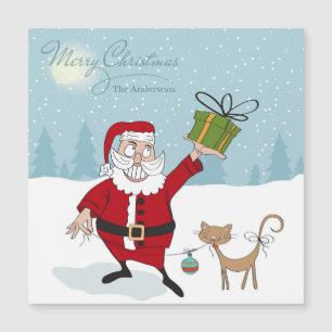 Frohe Weihnachten Moderne Whimsical Santa Cat Name Magnetkarte