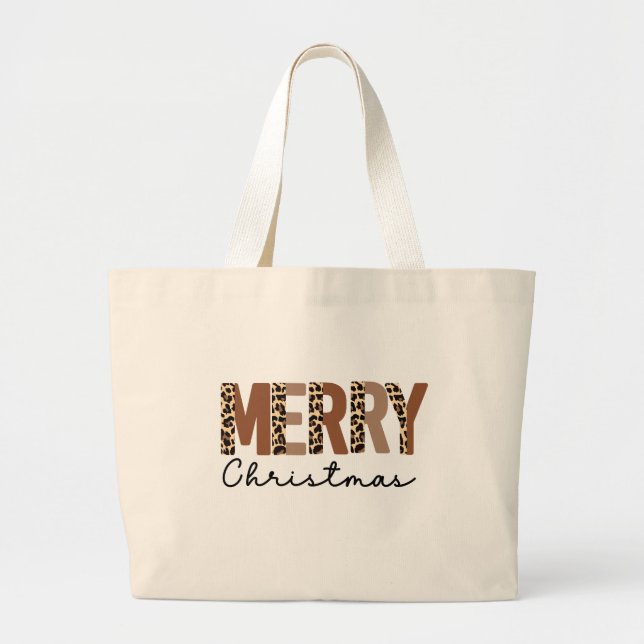 "Frohe Weihnachten" Moderner Farbblock Leopard Boh Jumbo Stoffbeutel (Vorne)
