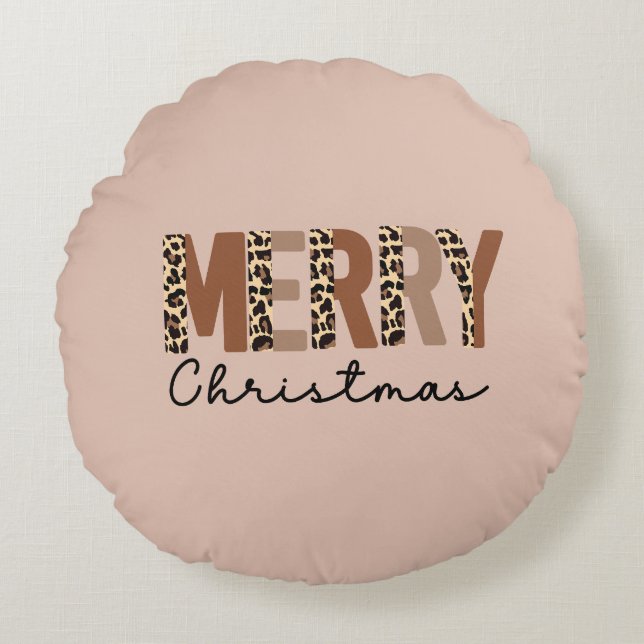 "Frohe Weihnachten" Moderner Farbblock Leopard Boh Rundes Kissen (Vorderseite)