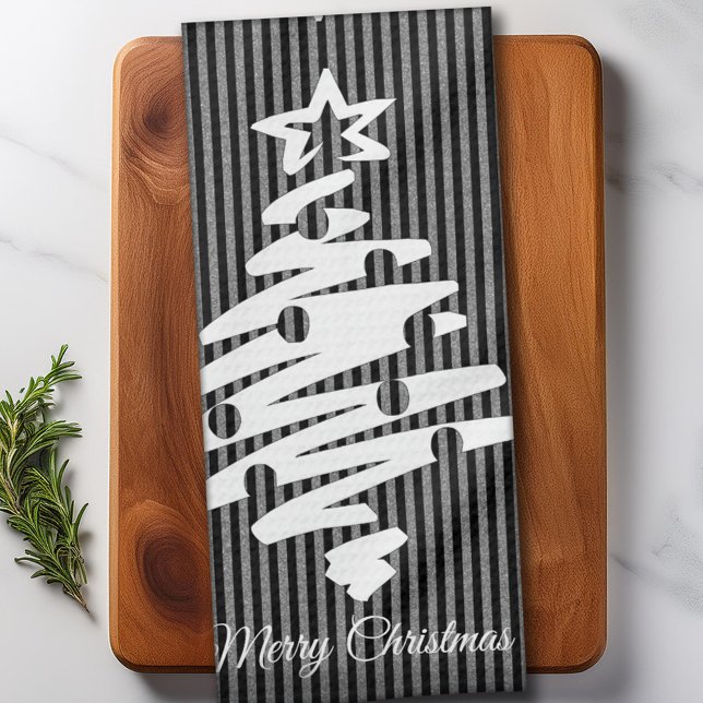 Frohe Weihnachten Moderner Schwarzer Streifen Pers Geschirrtuch (Merry Christmas Modern Black Stripe Personalized Kitchen Towel)