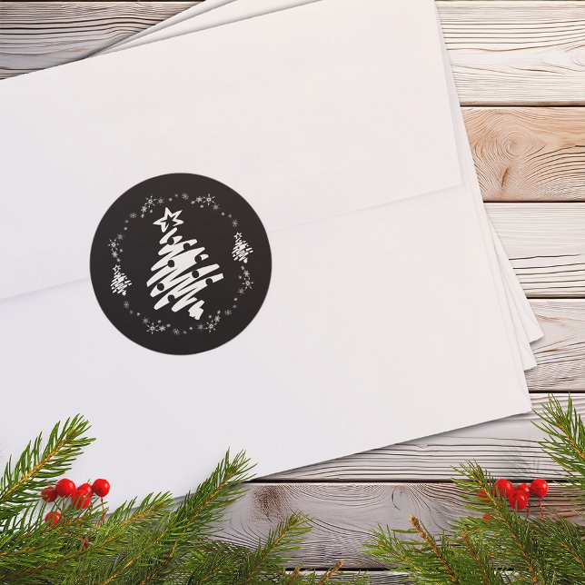 Frohe Weihnachten Moderner Urlaub Schwarzer Umschl Runder Aufkleber (Merry Christmas Modern Holiday Black Envelope Seal)