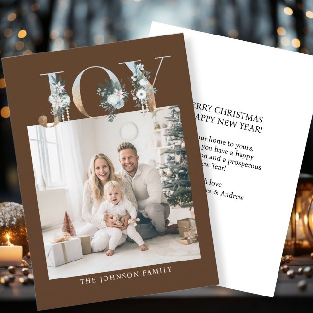 Frohe Weihnachten! Modernes, einfaches Foto Feiertagskarte (Customer specific "Joy-Merry Christmas" brown-gold, photo holiday card. )