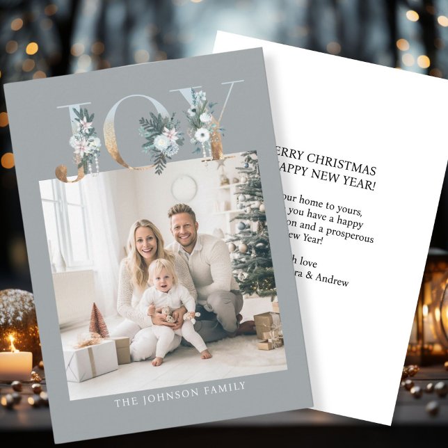 Frohe Weihnachten! Modernes, einfaches Foto Feiertagskarte (Customer specific "Joy-Merry Christmas" gray-gold, photo holiday card. )