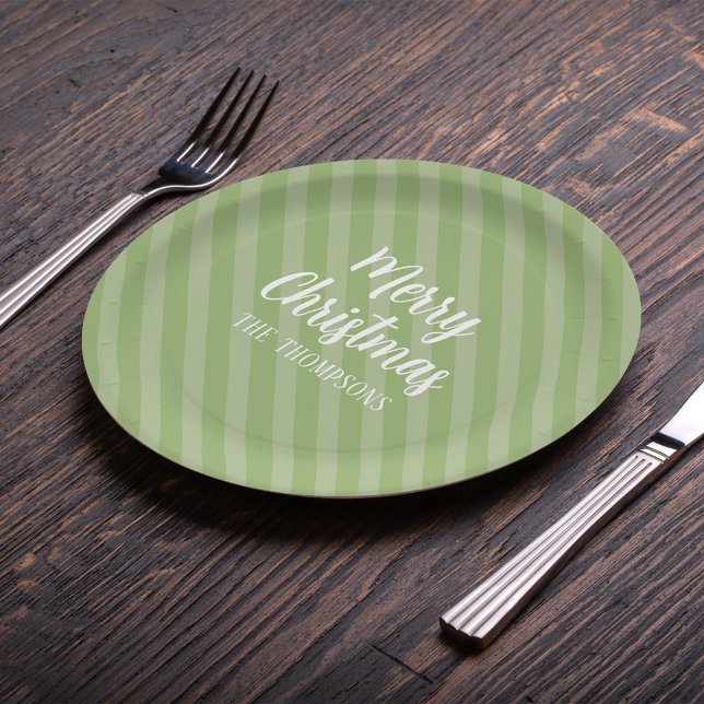 Frohe Weihnachten Modernes festliches Grün Minimal Pappteller (Merry Christmas holiday whimsical green striped paper plates. )