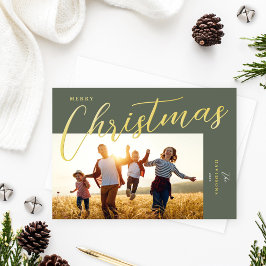 Frohe Weihnachten Modernes Green Gold Script Foto Folien Feiertagskarte