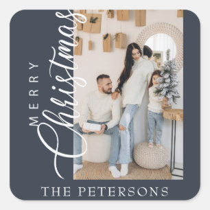 "Frohe Weihnachten" Modernes Midnight Blue Foto Quadratischer Aufkleber