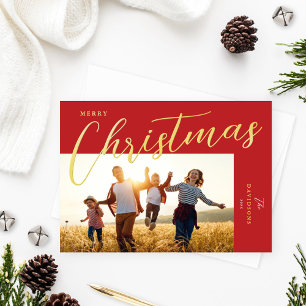 Frohe Weihnachten Modernes Red Gold Script Foto Folien Feiertagskarte