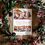 Frohe Weihnachten | Modernes Script 4 Foto Holiday<br><div class="desc">Senden Sie mit diesen modernen Fotokarten die Grüße der schönen Jahreszeit an Familie und Freunde! Das Design umfasst 4 Ihrer bevorzugten Fotos in einem einfachen Collage Layout. Ein rechteckiges Foto wird oben gezeigt, drei quadratische Fotos unten in einer Reihe. Der Text lautet "Frohe Weihnachten und glückliches neues Jahr!" in roter...</div>