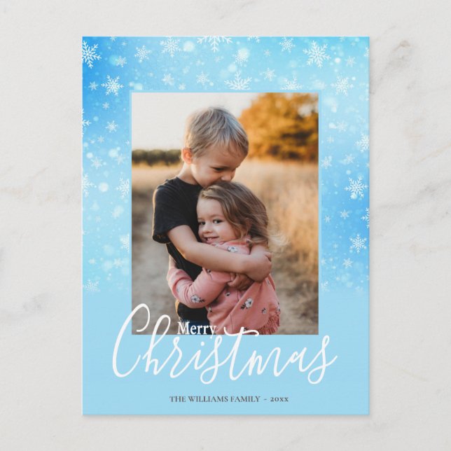 Frohe Weihnachten Modernes Snowy Winter Blue Foto (Vorderseite)