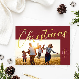 Frohe Weihnachten Modernes Wine Gold Script Foto Folien Feiertagskarte