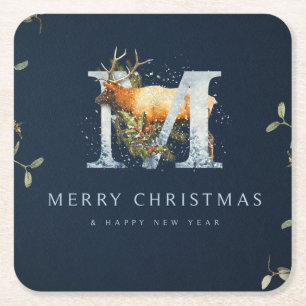 Frohe Weihnachten/Monogramm/Hirschkunst Rechteckiger Pappuntersetzer