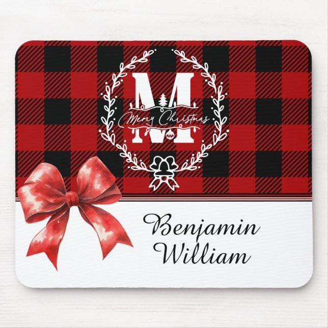 Frohe Weihnachten Monogramm Kranz Buffalo Kariert Mousepad (Vorne)