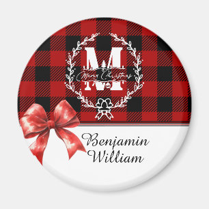 Frohe Weihnachten Monogramm Kranz Buffalo Plaid Magnet