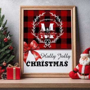 Frohe Weihnachten Monogramm Kranz Buffalo Plaid Poster
