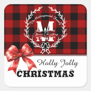Frohe Weihnachten Monogramm Kranz Buffalo Plaid Quadratischer Aufkleber