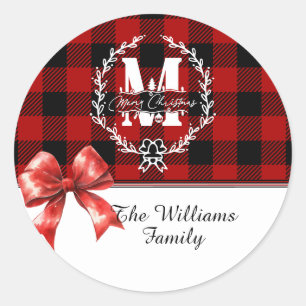 Frohe Weihnachten Monogramm Kranz Buffalo Plaid Runder Aufkleber