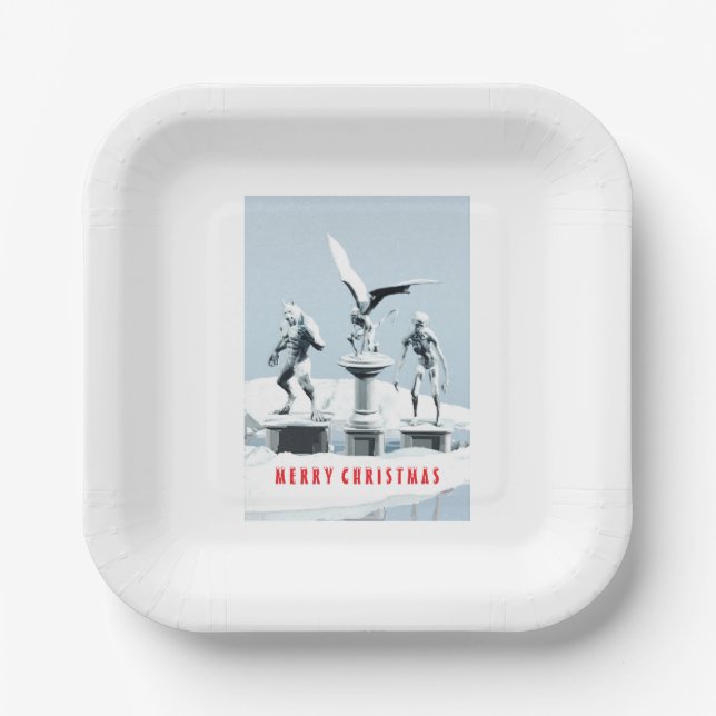 Frohe Weihnachten. Monster-Eisskulpturen Pappteller (Vorderseite)