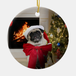 Frohe Weihnachten Mops Misha mit Bow Keramik Ornament
