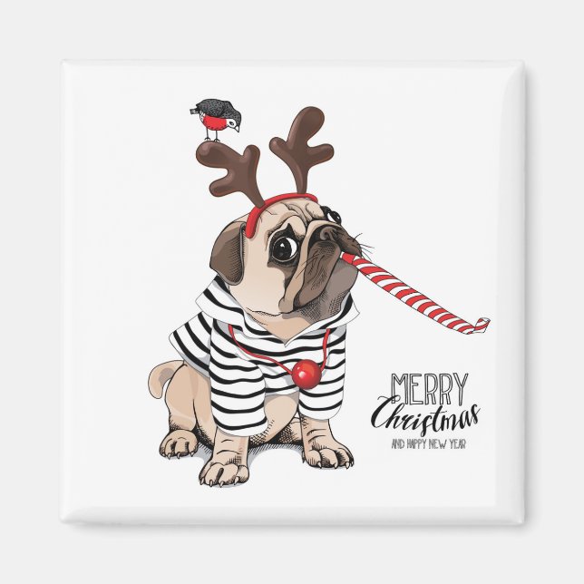 Frohe Weihnachten | Mops Reindeer Magnet (Vorne)