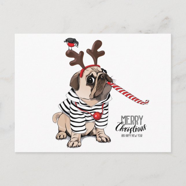 Frohe Weihnachten | Mops Reindeer Postkarte (Vorderseite)