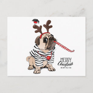 Frohe Weihnachten   Mops Reindeer Postkarte