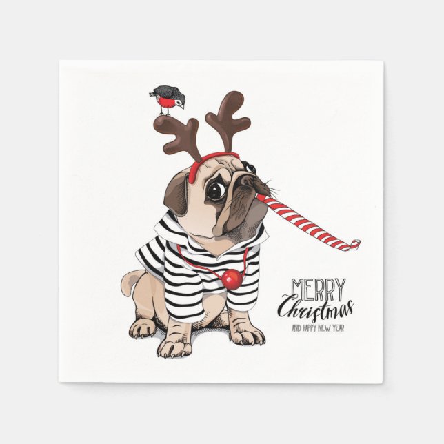 Frohe Weihnachten | Mops Reindeer Serviette (Vorderseite)