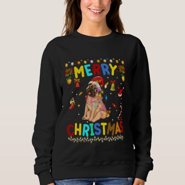 Frohe Weihnachten Mops Weihnachtsmannmütze Lights  Sweatshirt (Vorderseite)