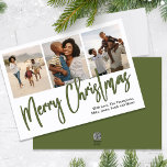Frohe Weihnachten Multi Foto Green Calligraphy<br><div class="desc">Dieses Design verfügt über eine weihnachtlich grüne Kalligraphie-Script-Fotokarte mit einer mehrfarbigen Collage von drei Fotos,  einem schlicht minimalistisch eleganten Minimal,  einer Weihnachtsfotokarte,  einem schlichten minimalistischen Foto,  einem klassischen Weihnachtsklassiker,  einem stilvollen Kalligraphieskript,  einer drei Fotokartenvorlage,  einer vereinfachenden Eleganz und einem schlichten Schriftart.</div>
