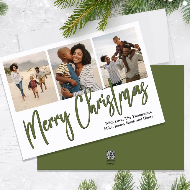Frohe Weihnachten Multi Foto Green Calligraphy (Merry Christmas holiday photo card with a calligraphy script and forest green design. )