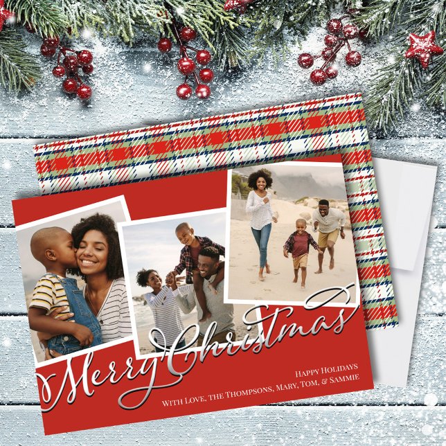 Frohe Weihnachten Multi Foto Red Holiday Kariert (Merry Christmas Red and Green Plaid Calligraphy Script holiday photo card. )