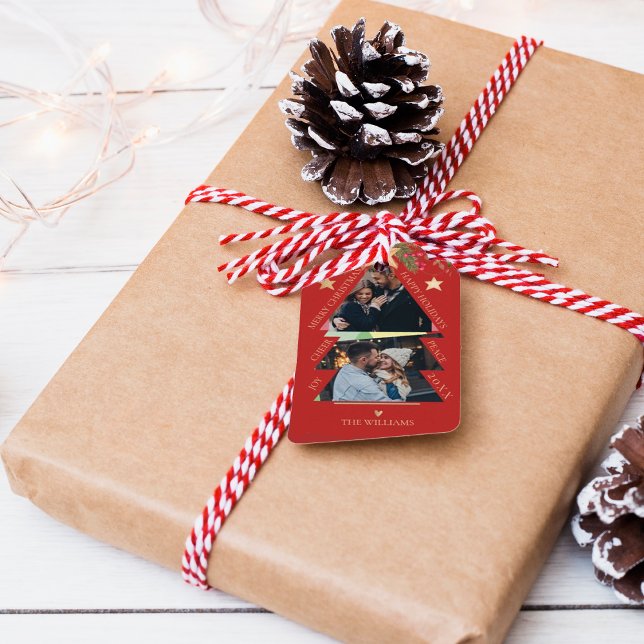 Frohe Weihnachten Multi Foto Tree Red Holiday Geschenkanhänger (Merry Christmas Multi Photo Tree Red Holiday Gift Tags)
