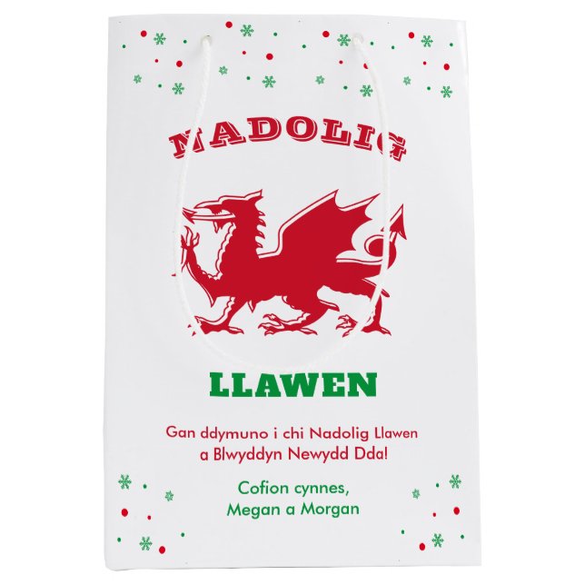 Frohe Weihnachten Nadolig Llawen Red Welsh Dragon Mittlere Geschenktüte (Vorderseite)
