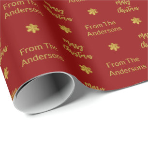 Frohe Weihnachten Name Dunkelrot & Gold Schneefloc Geschenkpapier