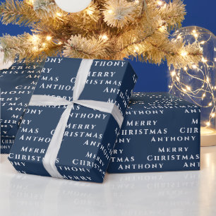 Frohe Weihnachten Name Marine Weiß Einfach Modern Geschenkpapier