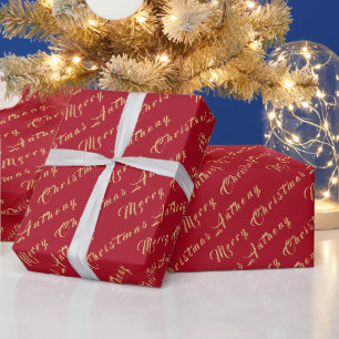 Frohe Weihnachten Name Rot Gold Einfach Modern Geschenkpapier