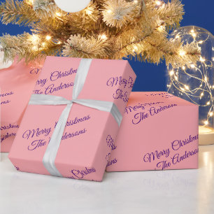 Frohe Weihnachten, Namen, Lila Schrift auf Pfirsic Geschenkpapier