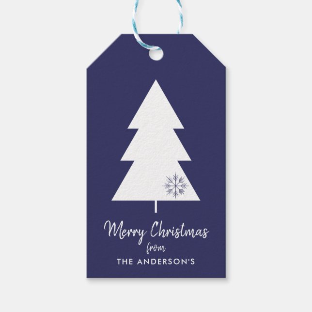 Frohe Weihnachten Navy Blauer Weihnachtsbaum Geschenkanhänger (Vorderseite)