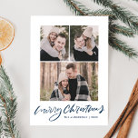 Frohe Weihnachten Navy Blue Script 3 Foto Collage<br><div class="desc">Senden Sie uns Ihre Urlaubswünsche mit einer einfachen Urlaubsfotokarte von Late Bloom Paperie! Die moderne Weihnachtskarte enthält 3 Ihrer Lieblingsstifte mit "Frohe Weihnachten", die in einem handgeschriebenen Schriftzeichen der Marine ausgestellt sind. Personalisieren Sie die Vorderseite der Fotokarte, indem Sie Ihren Namen und das Jahr hinzufügen. Die Karte kehrt zu einem...</div>