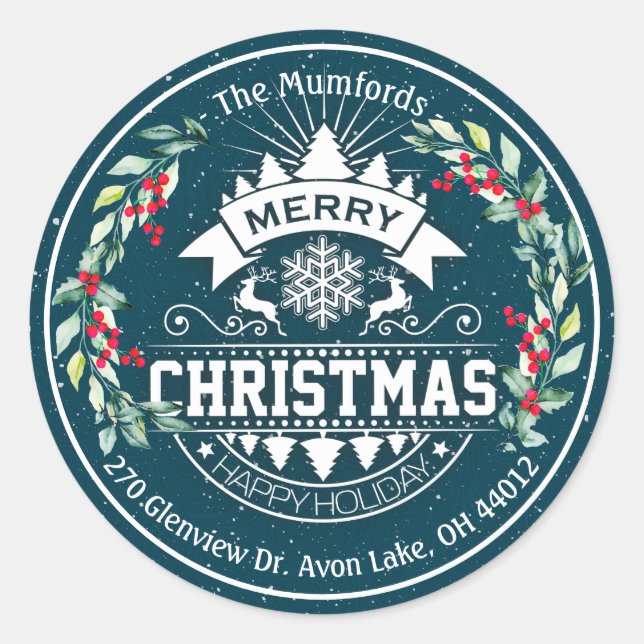 Frohe Weihnachten Neujahr Floral Red Berry Adresse Runder Aufkleber (Vorderseite)