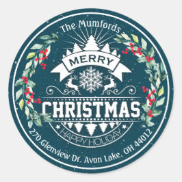 Frohe Weihnachten Neujahr Floral Red Berry Adresse Runder Aufkleber