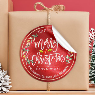 Frohe Weihnachten Neujahr Floral Red Berry Adresse Runder Aufkleber