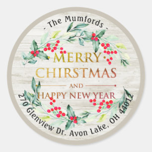 Frohe Weihnachten Neujahr Floral Red Berry Adresse Runder Aufkleber